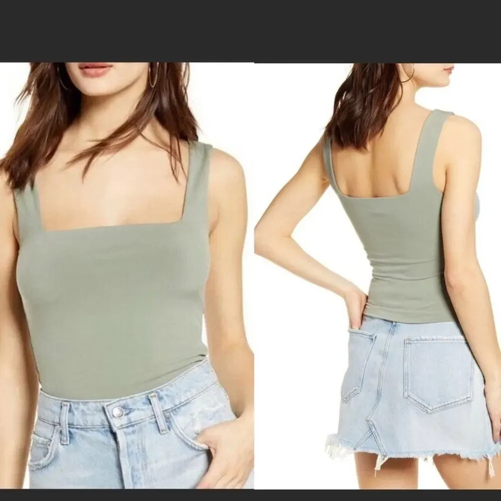Leith Square Neck Tank Top Tee Green Solid Shirt v6x